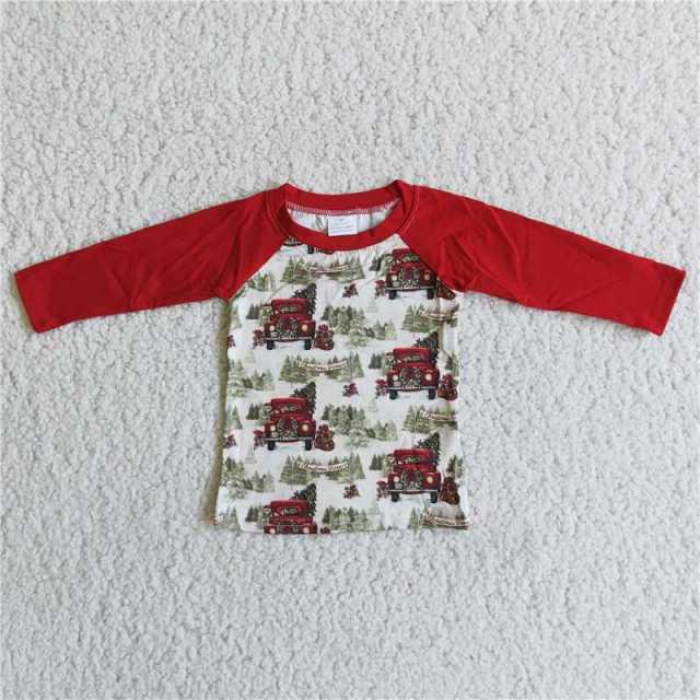 Truck Forests Print Red Long Sleeve Christmas Boy Top