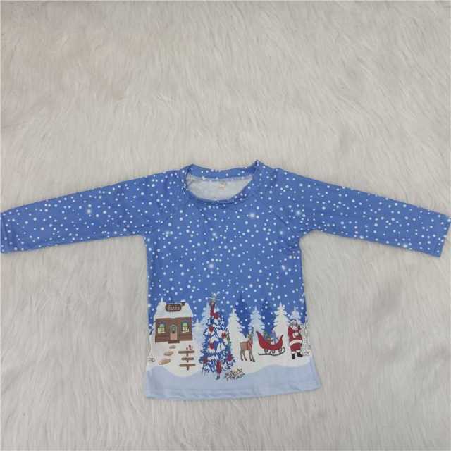 Christmas Snow Santa Print Long Sleeve Blue Boy Top