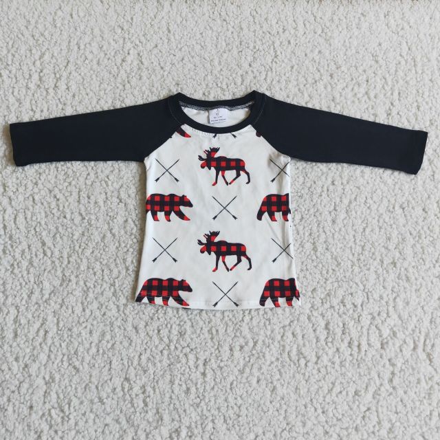 Christmas Black Plaid Deer Long Sleeve Boy Top