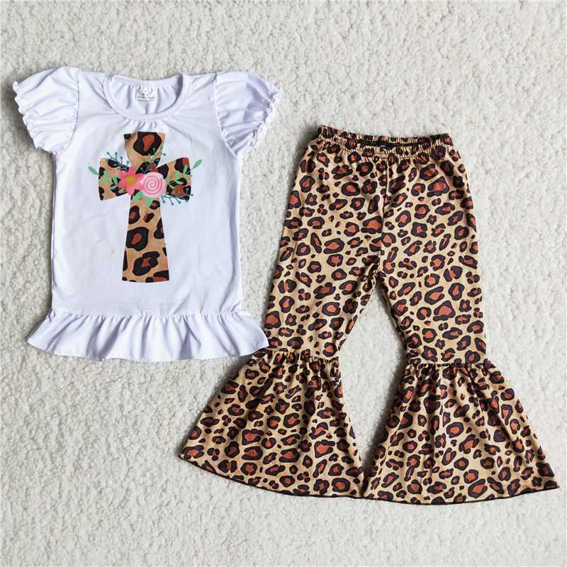 Easter cross white puff sleeve leopard print