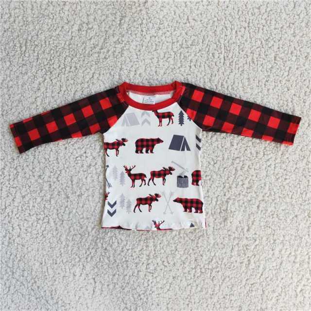 Christmas Deer Bear Plaid Raglan Long Sleeve Boy Top