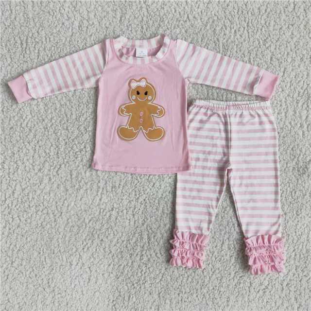 Embroidered gingerbread girls striped cotton pajamas