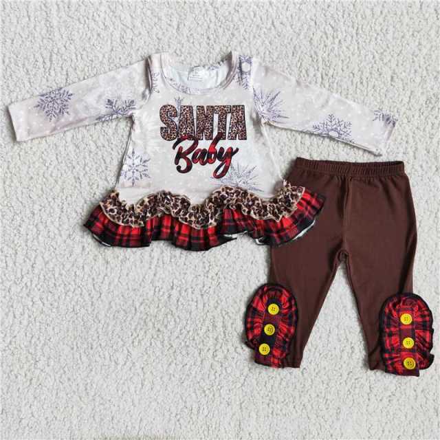 Baby Girls Christmas Santa Long Sleeve Top Brown Trousers Set