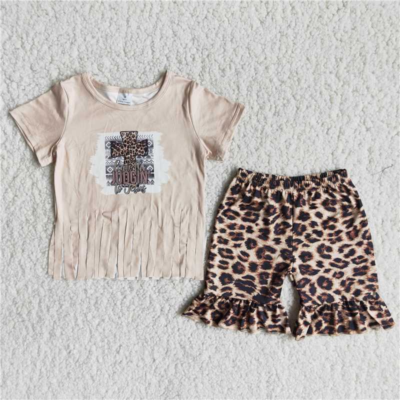 Fringed Cross Leopard Print Shorts Set