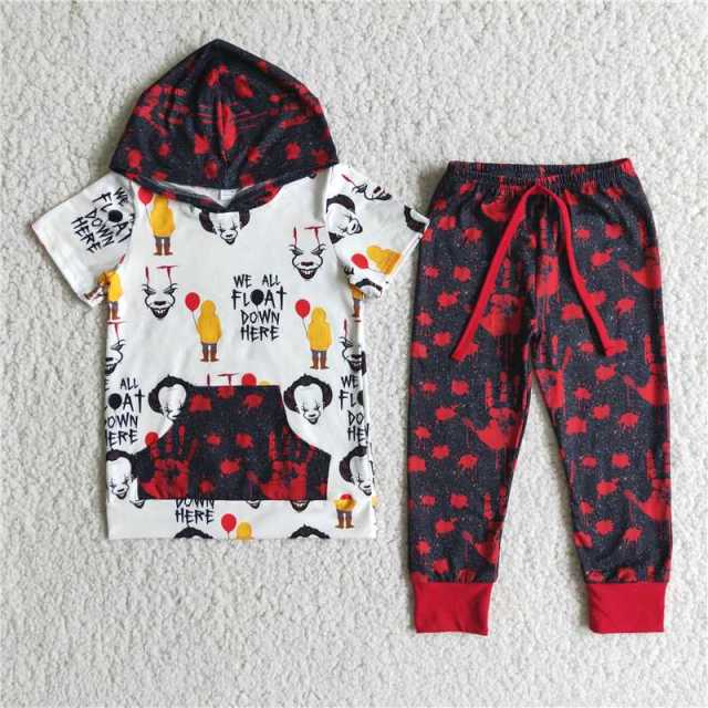 Halloween Clown Red Hoodie Boy Sets With Pocket