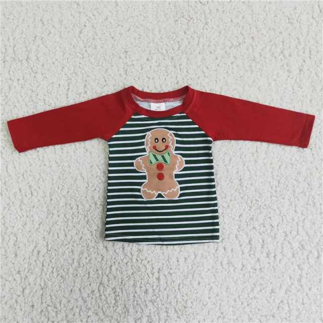 Embroidery Gingerbread Striped Long Sleeve Boy Top