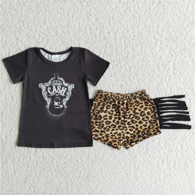 Black short-sleeved leopard-print fringed shorts