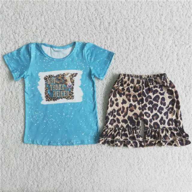 TODAY Bull Head Blue Short Sleeve Leopard Print Shorts Set