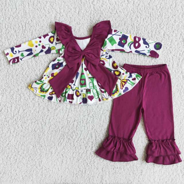 Baby girls mask bow top purple trousers suit