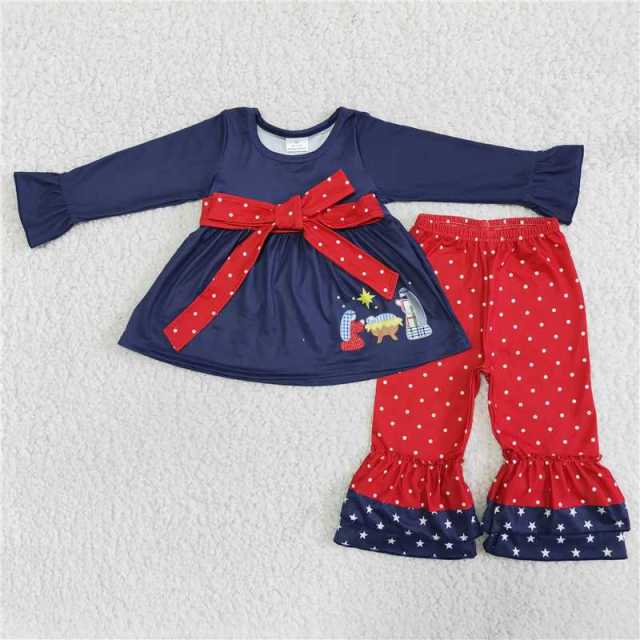 Baby girls blue navy blue jesus top and red polka dot trousers