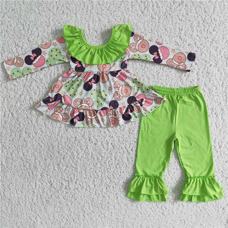 Baby girls big bow boutique top green pants suit