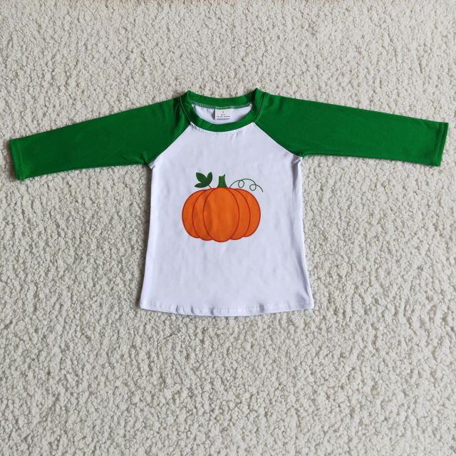 Green Raglan Long Sleeve Boy Top Orange Pumpkin Design
