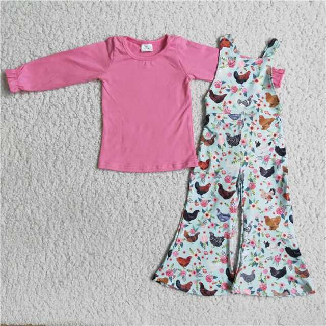 Baby girls pink blouse chick overalls set