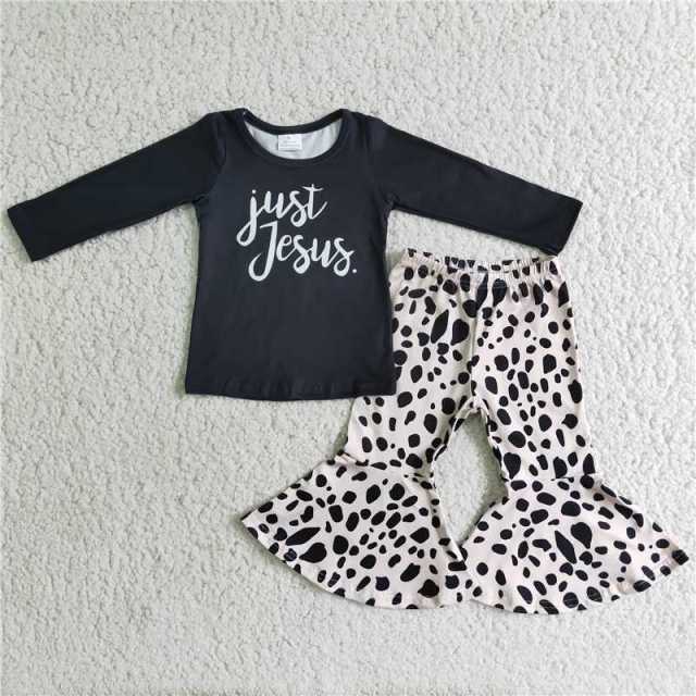 Baby girls letter black top leopard-print flared pants suit