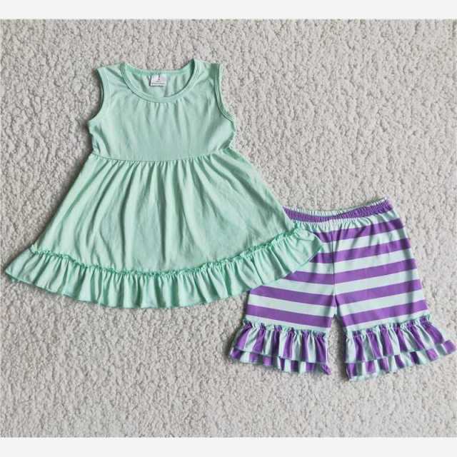 Green lace sleeveless top and purple striped shorts