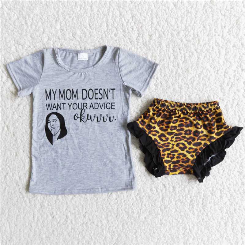 Grey Letter Short Sleeve Leopard Pants