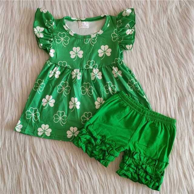 Green four-leaf clover small flying sleeve lace shorts suit