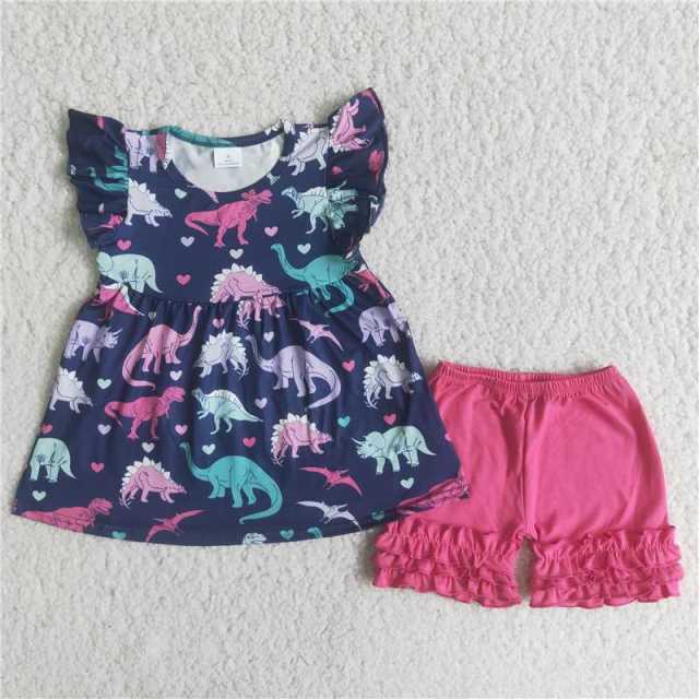 Dinosaur Little Flying Sleeve Top Lace Shorts
