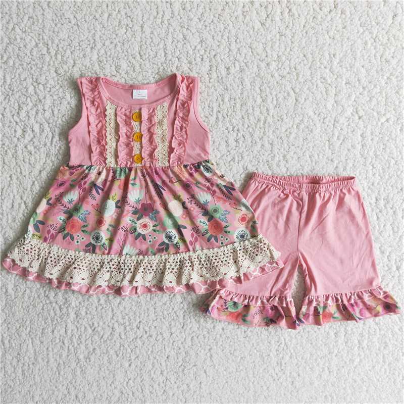 Sleeveless pink flower suit