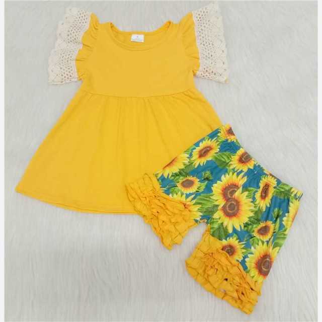Yellow sun flower shorts with lace trim