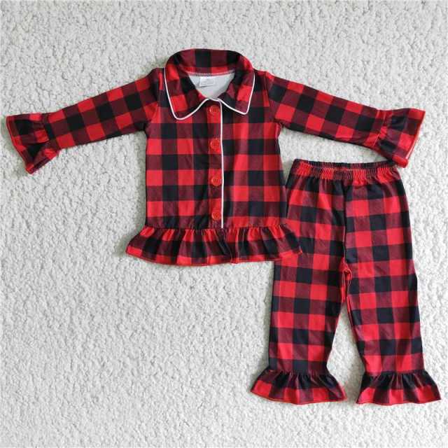 Baby girls red plaid button long-sleeved trousers pajama set