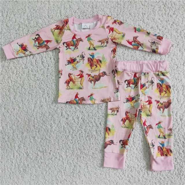 Baby girls horseback riding pink long-sleeved trousers pajama set