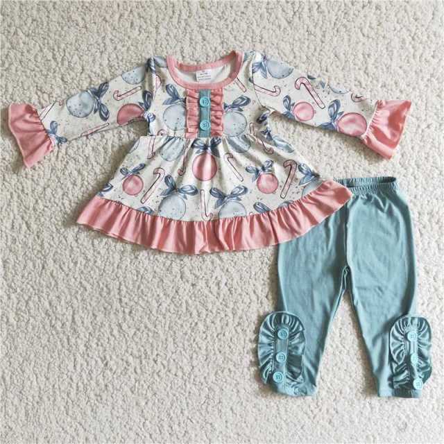 Baby girls pink blue ball long-sleeved top and light blue trousers set