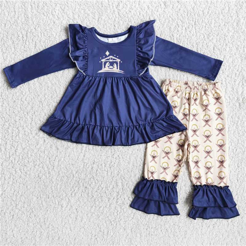 Baby girls Jesus dark blue long-sleeved shirt with ruffled trousers set