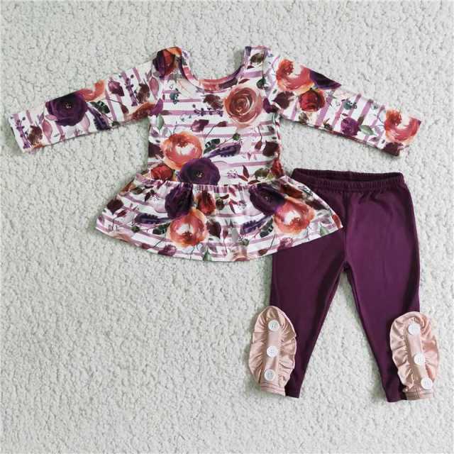 Baby girls purple trousers with rose pattern long-sleeved top set