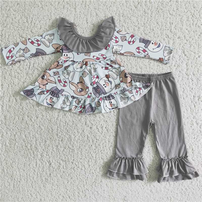 Baby girls snowman deer bow tie gray trousers set