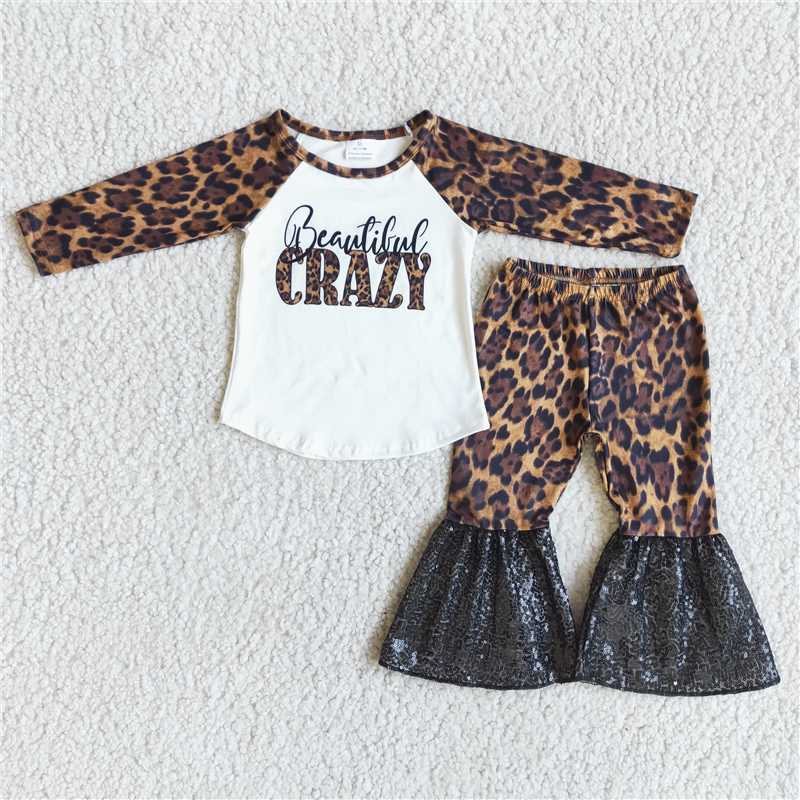 Baby Girls Leopard Print Long Sleeve Sequined Flared Pants Set