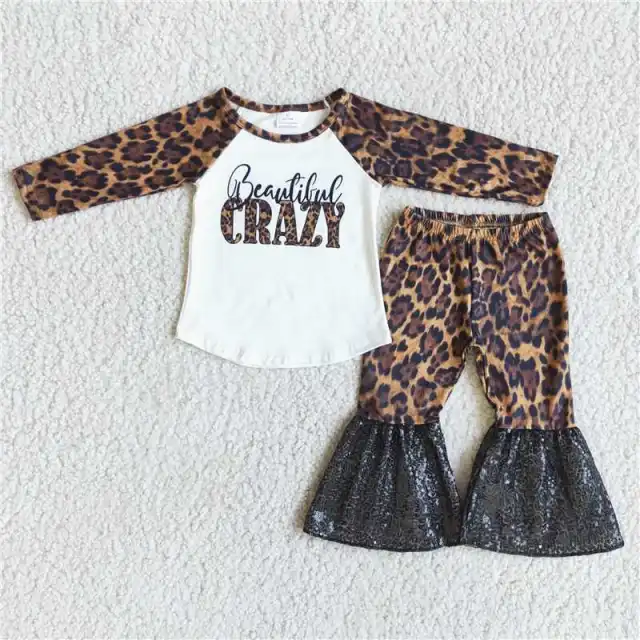 Baby Girls Leopard Print Long Sleeve Sequined Flared Pants Set