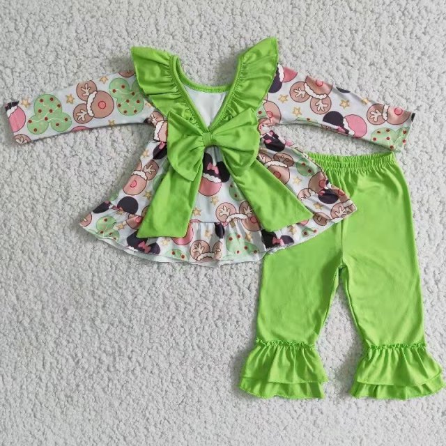 Baby girls big bow boutique top green pants suit