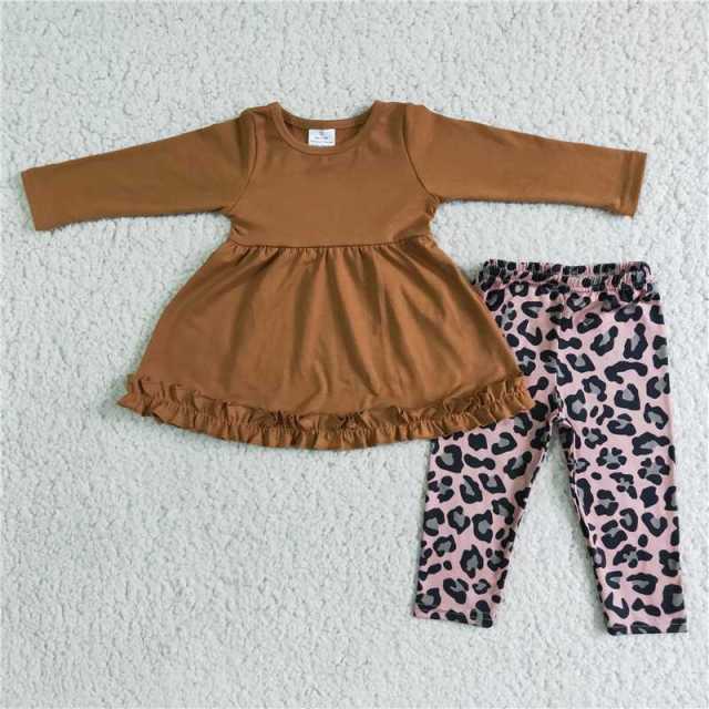 Baby girls brown long-sleeved top and leopard print trousers suit
