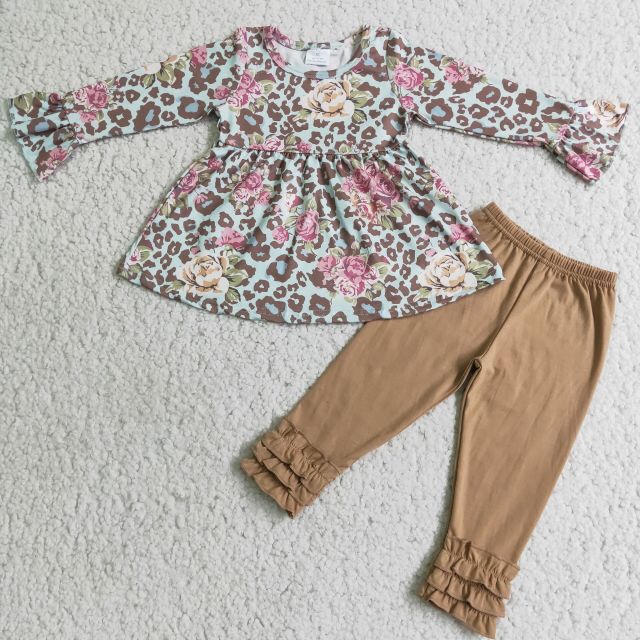 Baby girls brown trousers with printed leopard print top set