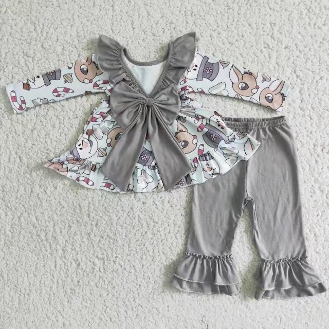 Baby girls snowman deer bow tie gray trousers set
