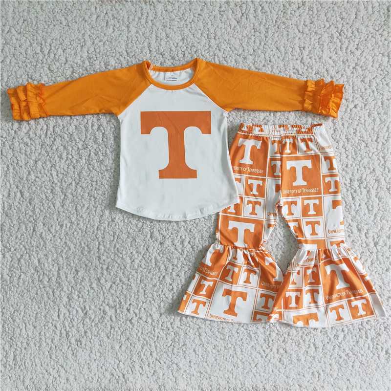 Baby girls T letter orange top flared pants suit