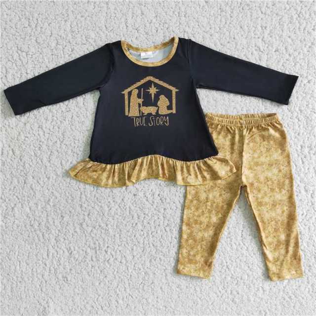 Baby girls black lace top and gold trousers set