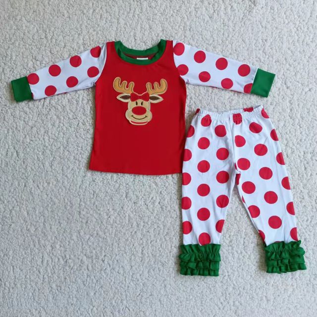 Baby Girls Embroidered Antlers Red Polka Dot Pajama Set