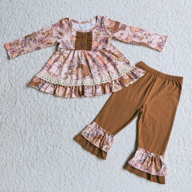 Baby Girls Turkey Pumpkin Top Brown Ruffled Trousers Set