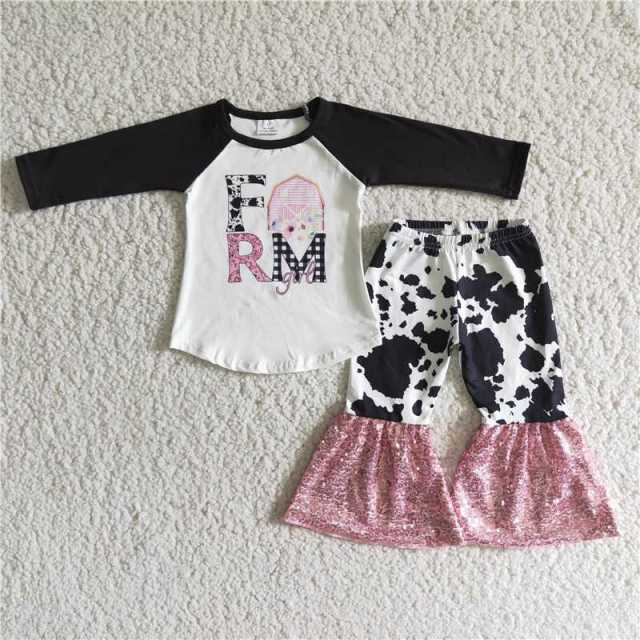 Baby girls letter black long-sleeved top cow sequin flared pants set