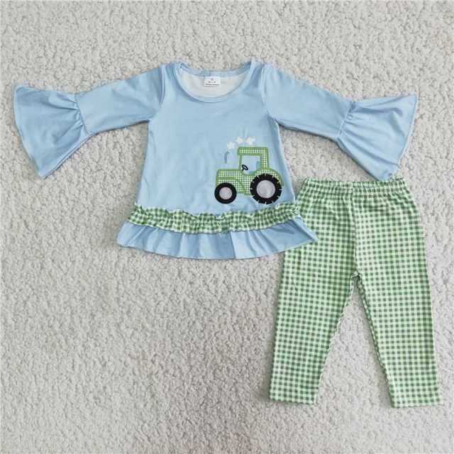 Baby Girls Blue Tractor Top Plaid Pants Set