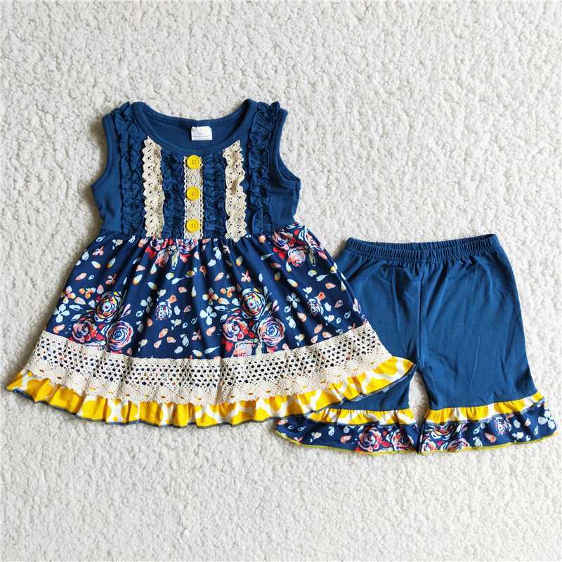 Blue lace buckle sleeveless suit