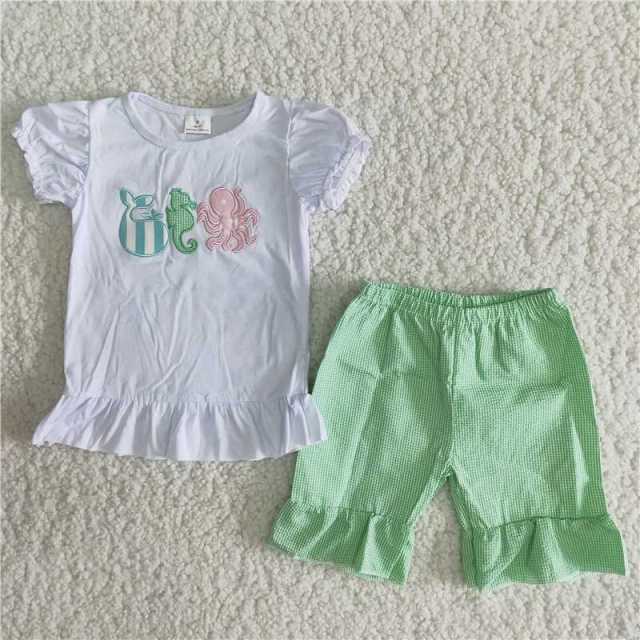 Embroidered sea animal green seersucker shorts