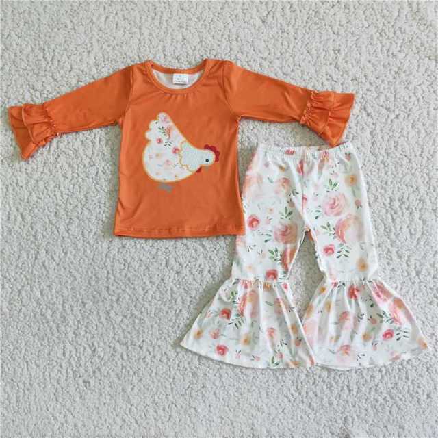 Baby girls chicks orange top print flared pants set