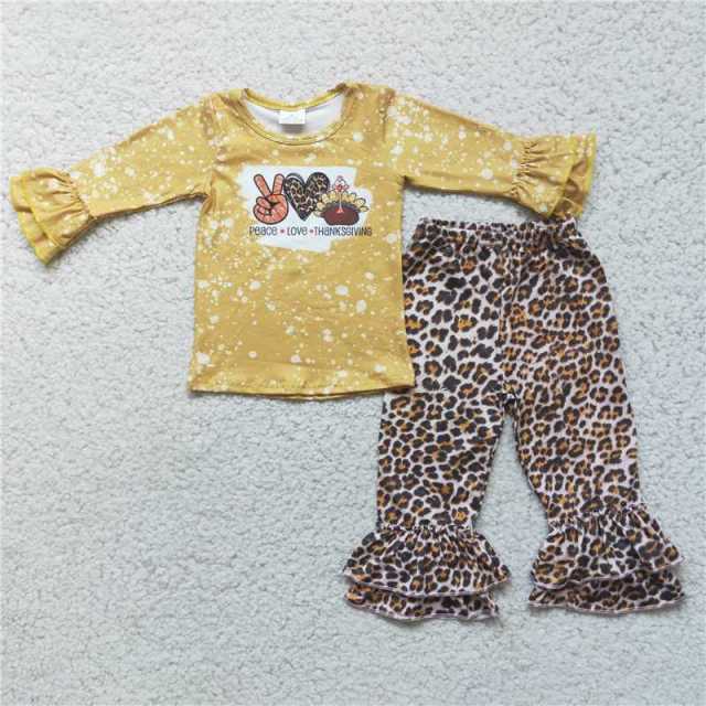 Baby Girls Gesture Love Turkey Yellow Long Sleeve Top Leopard Pants Set