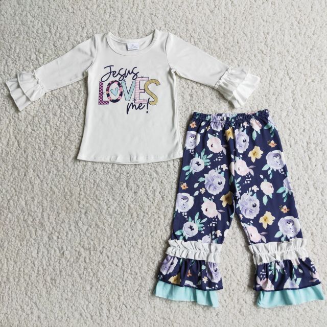 Baby girls Jesus Loves Me white top floral trousers set