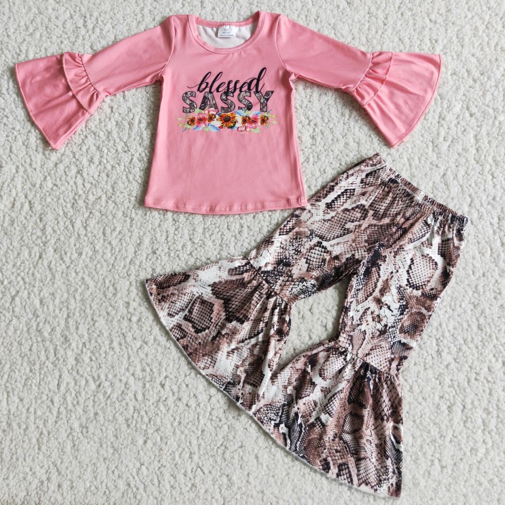 Long-sleeved top snakeskin flared pants suit