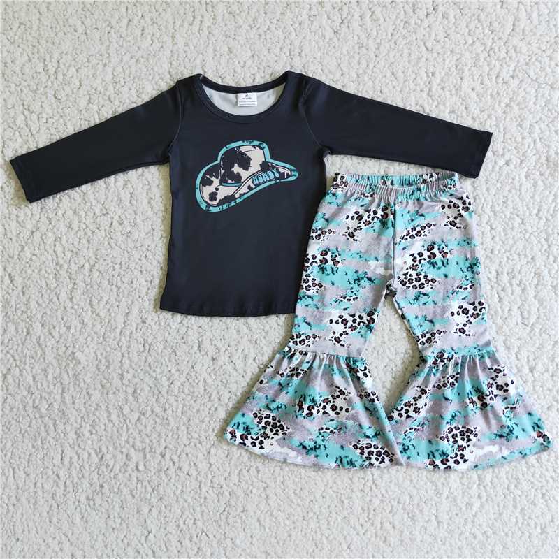 Baby girls howdy hat black long-sleeved top flared pants suit