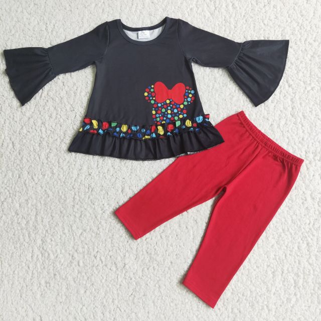 Baby girls bow black top and red trousers suit